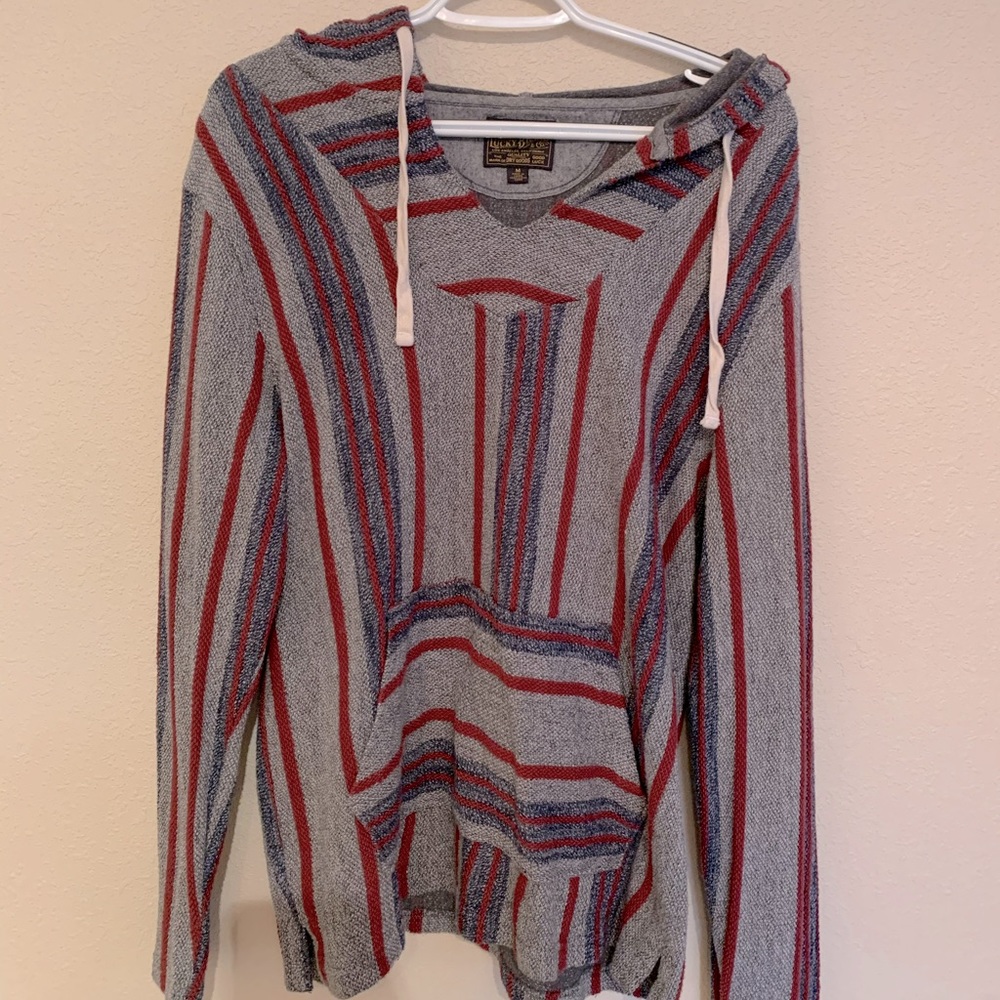 Lucky Brand Men’s Striped Baja hoodie, size medium, red, gray, navy blue, medium